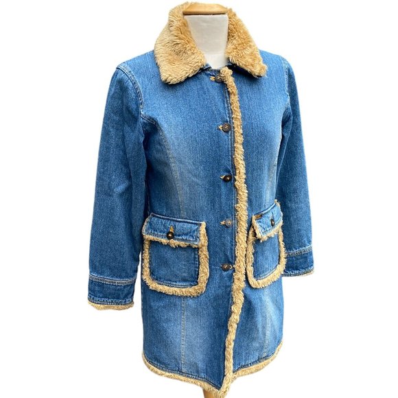 Lee Longline Faux Fur Denim Jean Jacket Cowgirl Western Fall Vintage 90s Faded-M - Picture 1 of 16